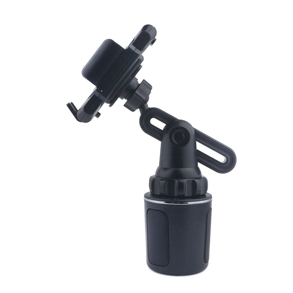 Black ABS car cup holder phone mount with 360° rotation, adjustable height and foam contact pad
