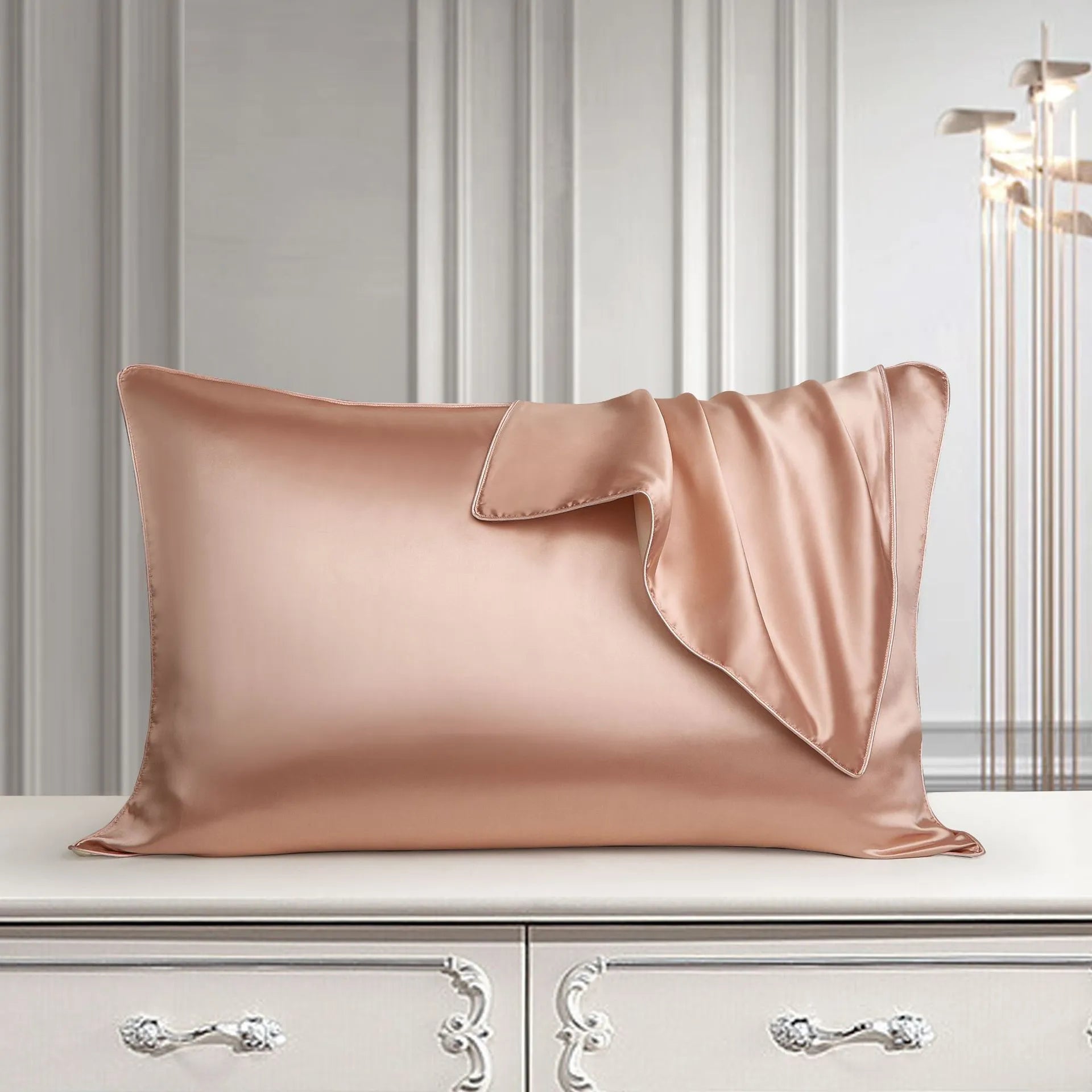 Single mulberry silk pillowcase in palace luxury style, shown in a selection of available colours.