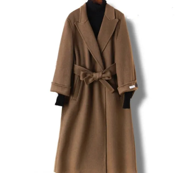Men's wool suit collar overcoat in caramel colour showing single-breasted design