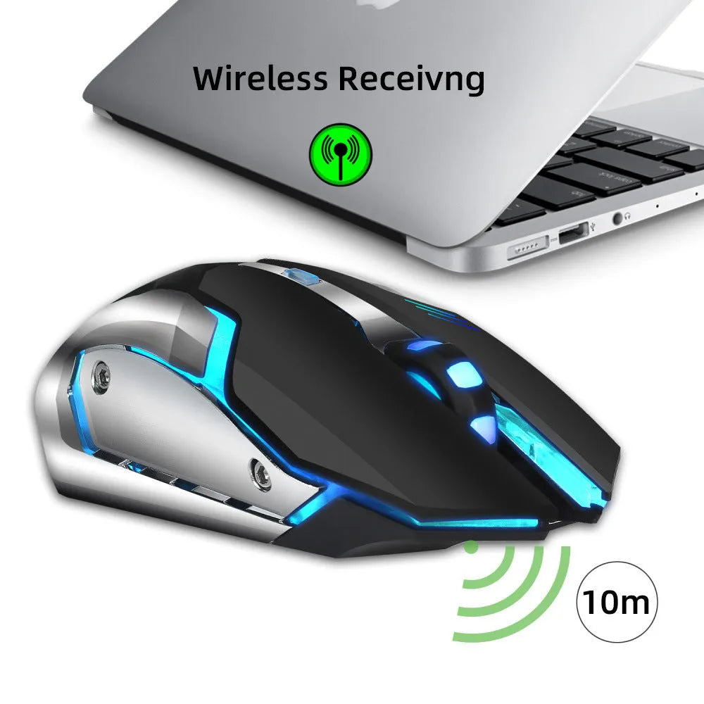 HXSJ black wireless gaming mouse with 2400 DPI, six buttons, four-way roller, 2.4GHz USB connection, and 10m range