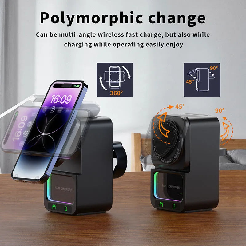 Wireless Bluetooth speaker with magnetic charging pad showing white and black colour options