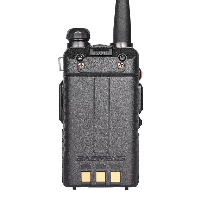 Professional dual-band walkie talkie with antenna showing dimensions 110x58x32mm