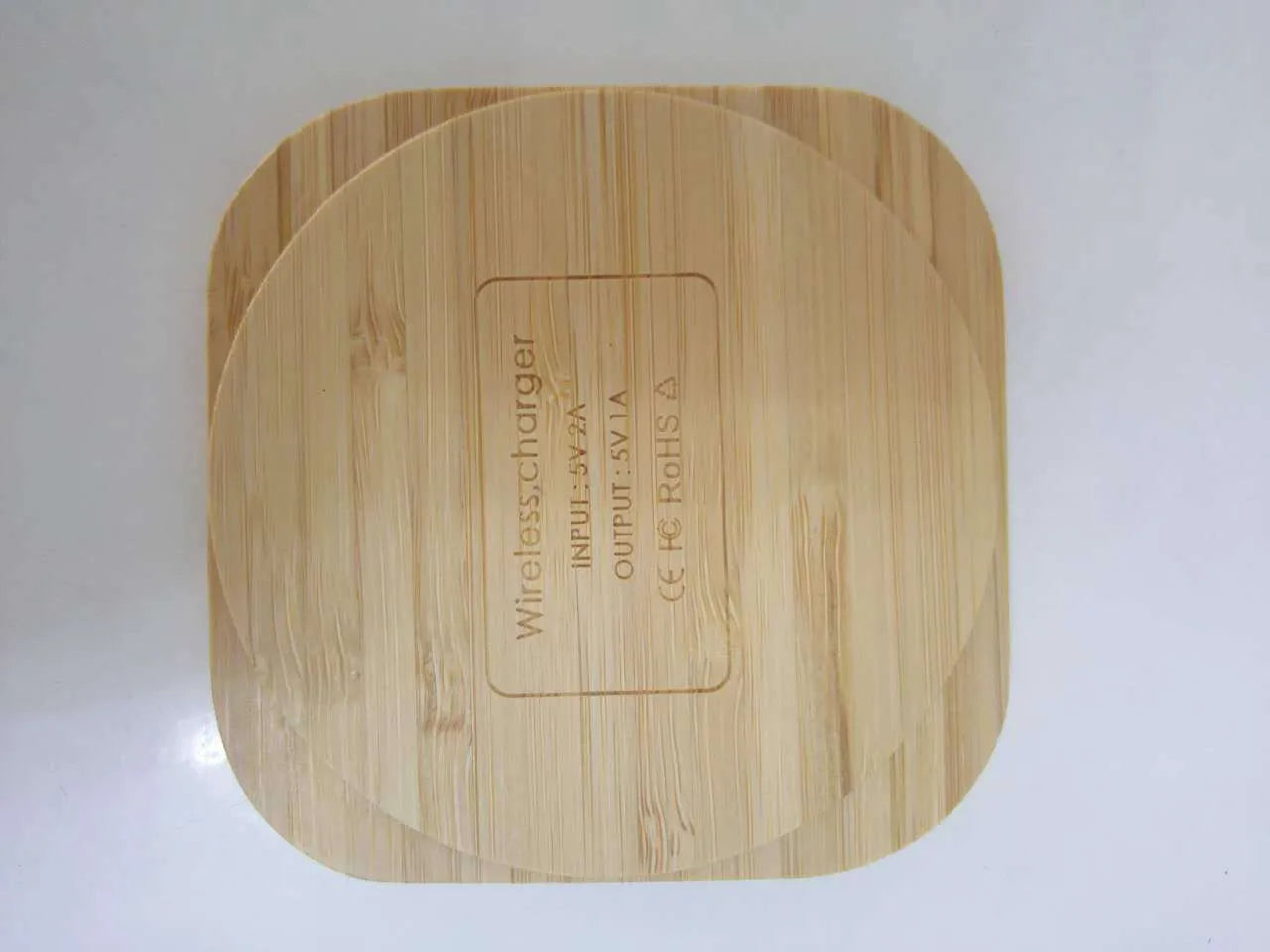 Square brown bamboo wood wireless charger with Qi 5W charging capability