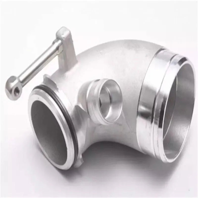 Red aluminium alloy 90-degree turbocharger elbow pipe for modified car engine bay