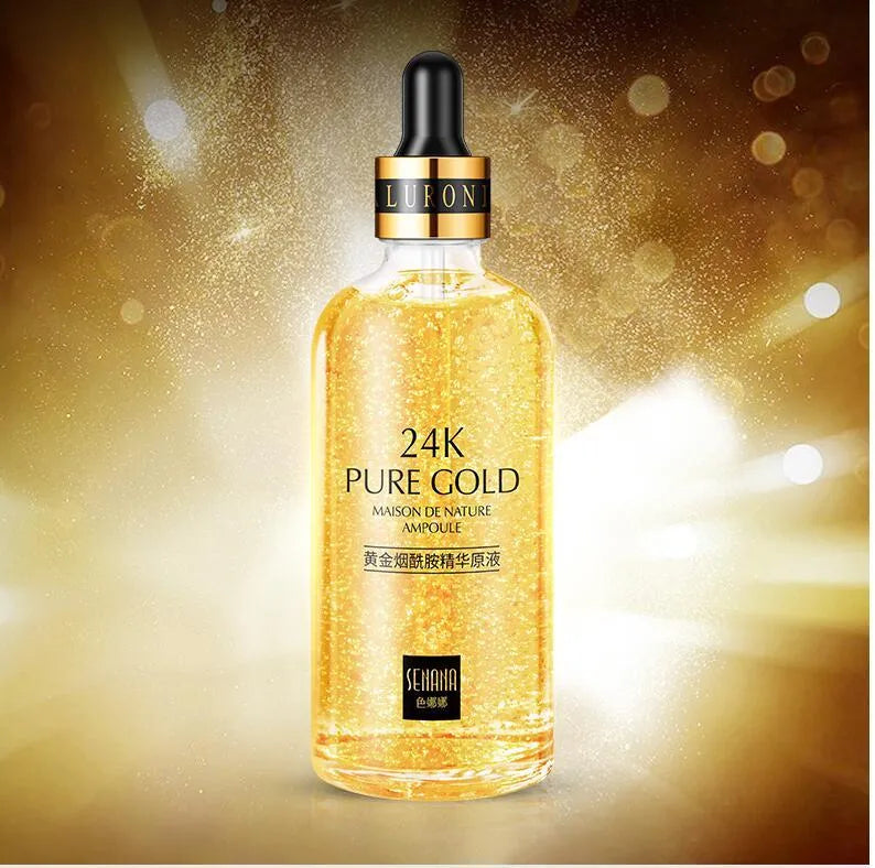 24K gold nicotinamide stock solution serum in bottle with dropper, lightweight gel formula for anti-aging and brightening