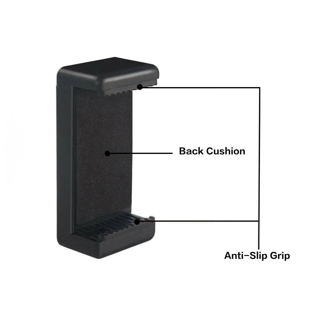 Black plastic rotating phone holder with clamp mechanism showing compact dimensions