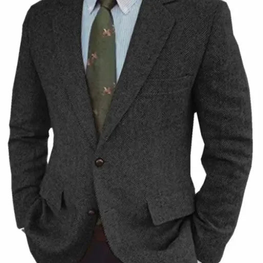 Men's brown herringbone pattern retro suit jacket with long sleeves and flax lining.
