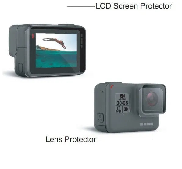 GoPro Hero action camera with transparent 9H tempered glass lens and LCD screen protectors applied.