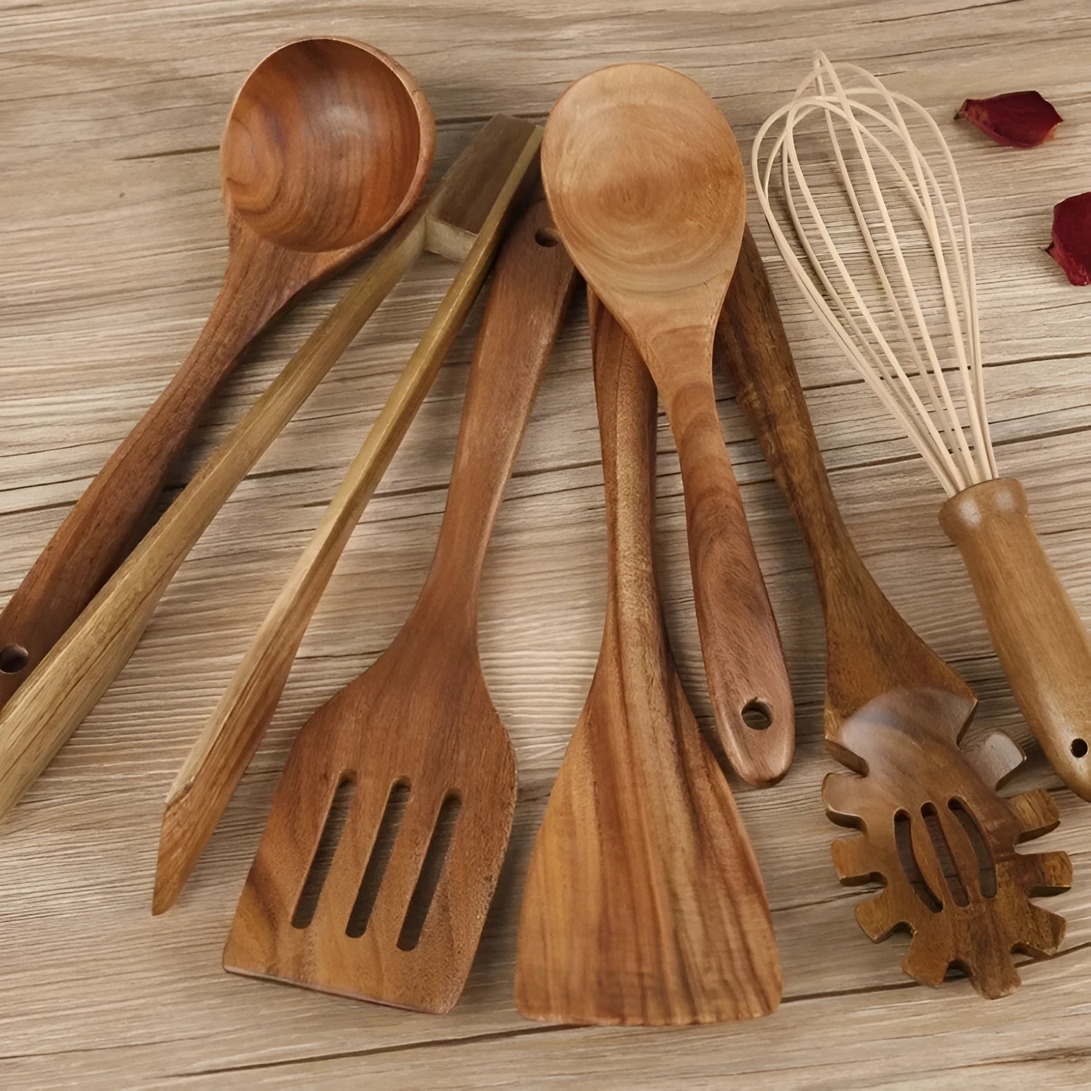 7-piece wooden cooking utensil set including spoon and spatula for non-stick pans
