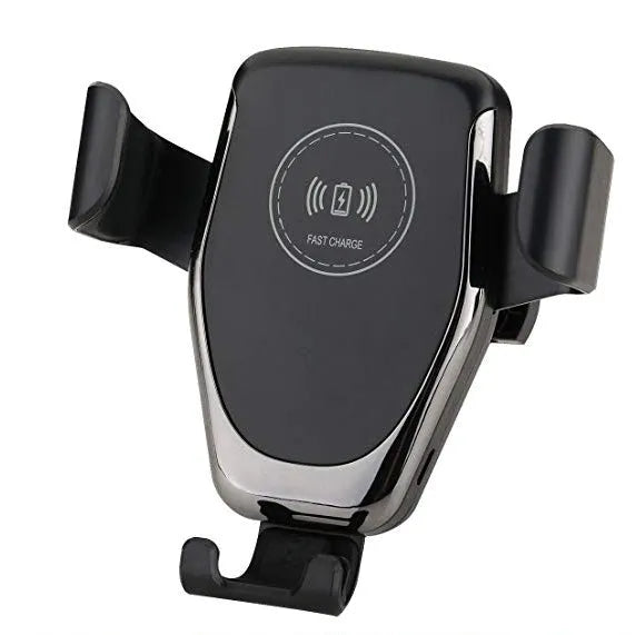 Car wireless charger mount holding iPhone with automatic clamping arms and dashboard mounting