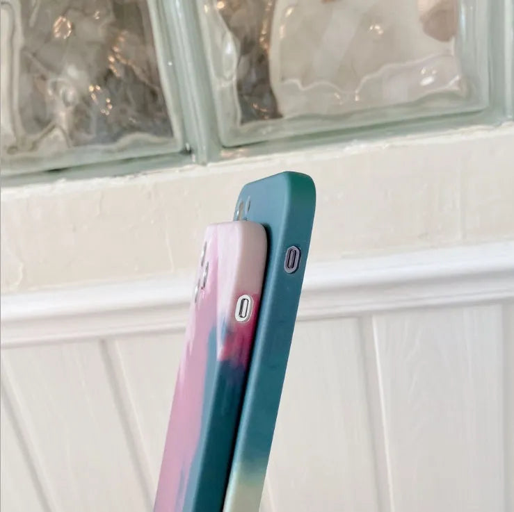 Soft silicone phone case with oil painting gradient geometry abstract pattern in blue green pink purple for iPhone
