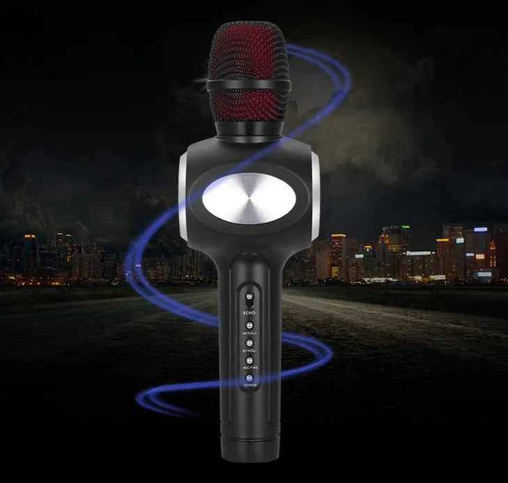 Yaerjia E108 black portable karaoke microphone with built-in speakers and echo effects