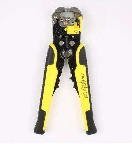 Yellow automatic wire stripper and crimping multitool with adjustment screw for electrical work