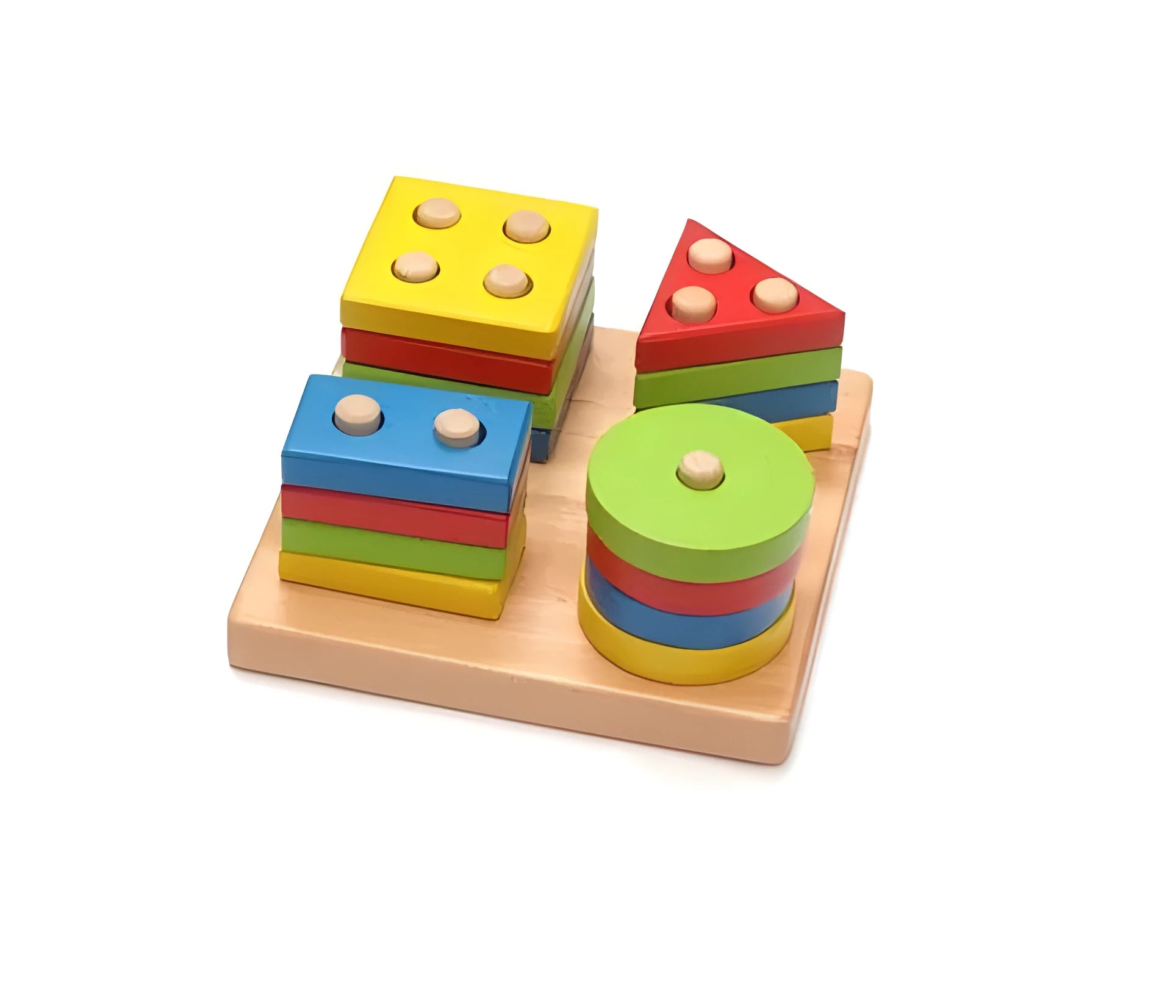Wooden geometric puzzle toy with colourful shapes and sticks for baby and toddler educational play