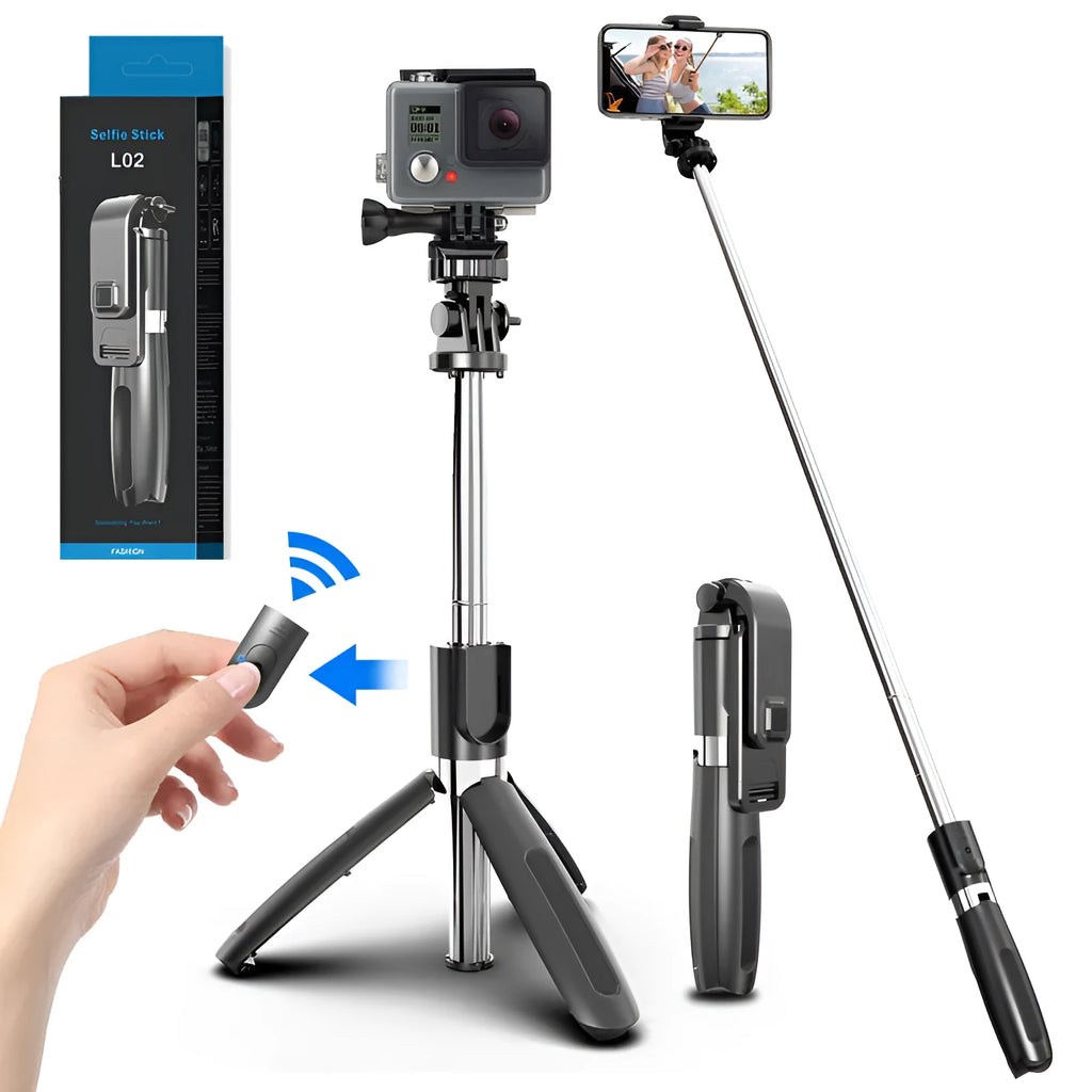 Black Bluetooth selfie stick extended with smartphone mounted, wireless remote control visible
