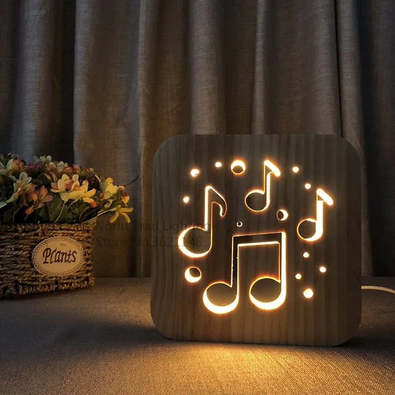 Square pine wood USB LED atmosphere lamp emitting warm white light from its 3D design.