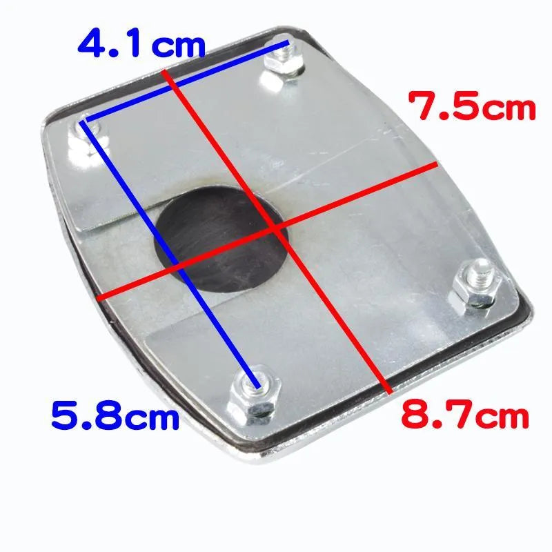 Metal motorcycle brake pedal skid plate showing three style variations for universal fit