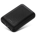 Black ultra-thin power bank showing dimensions 90x63x22mm with multiple USB ports