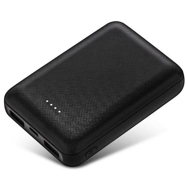 Black ultra-thin power bank showing dimensions 90x63x22mm with multiple USB ports