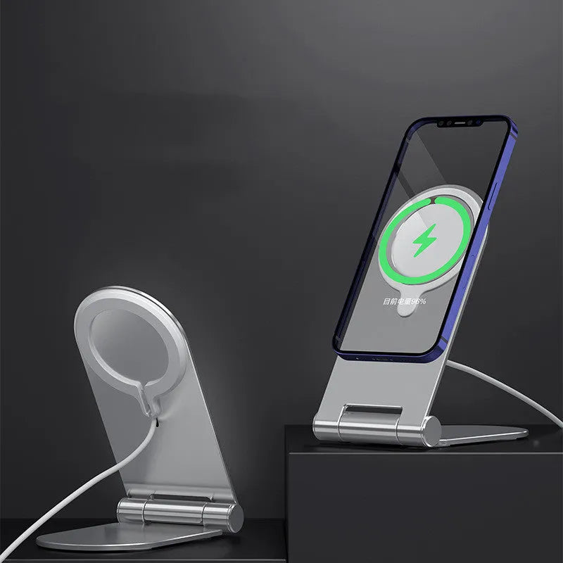 Silver vertical adjustable magnetic phone bracket for iPhone 12 series showing 105mm x 110mm dimensions