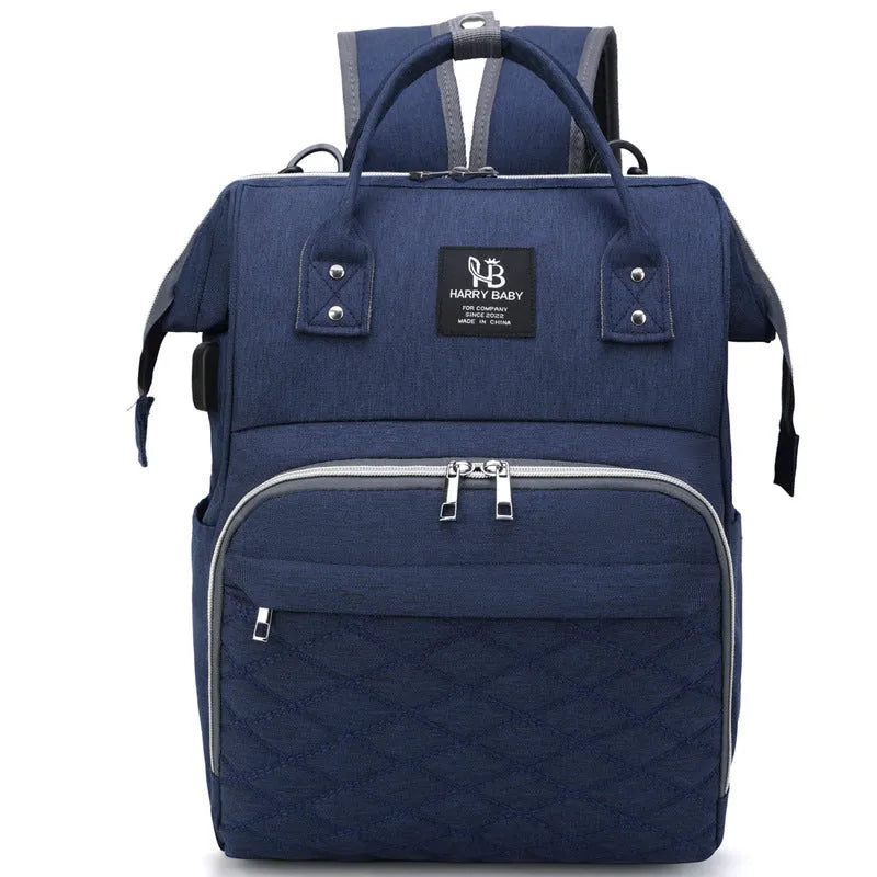 Large capacity USB rechargeable Oxford cloth baby diaper bag in blue with contrast grey trim, waterproof finish and double shoulder straps