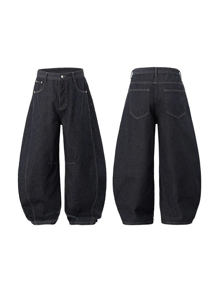 Men's wide leg denim trousers in original cow colour on a mid-waist model