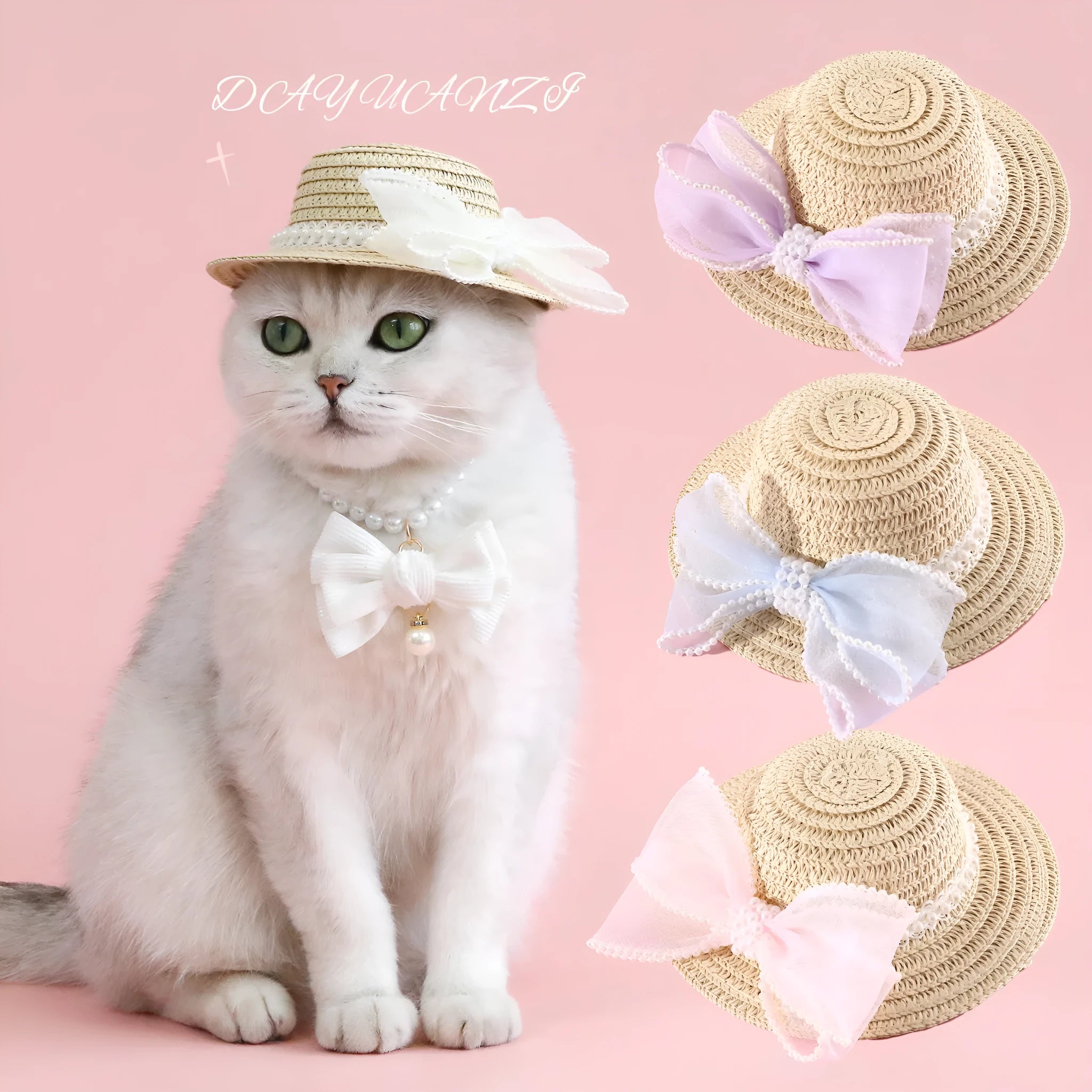 Woven Lafite leaves cat hat in princess style with pearl butterfly decoration for pet fancy dress