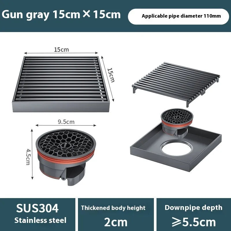 Gun grey 304 stainless steel courtyard floor drain with a 15x15cm ABS plastic core.