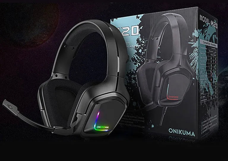 K20 RGB luminous wired gaming headset with cloth earmuffs and braided cable in black, camouflage grey, or white