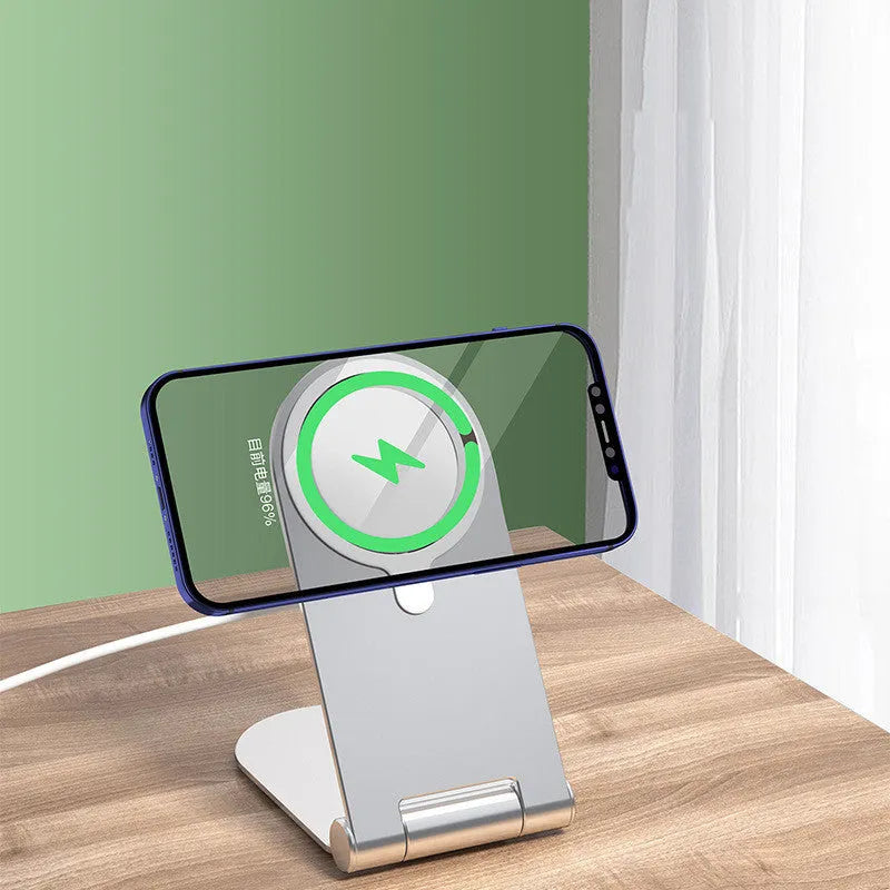 Silver vertical adjustable magnetic phone bracket for iPhone 12 series showing 105mm x 110mm dimensions