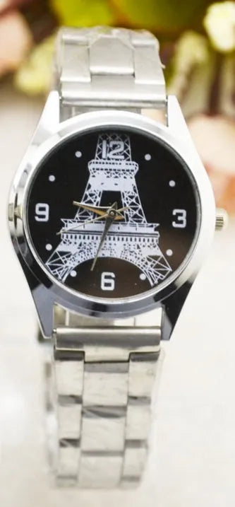 Eiffel Tower design wrist watch with round stainless steel case and Roman numeral dial