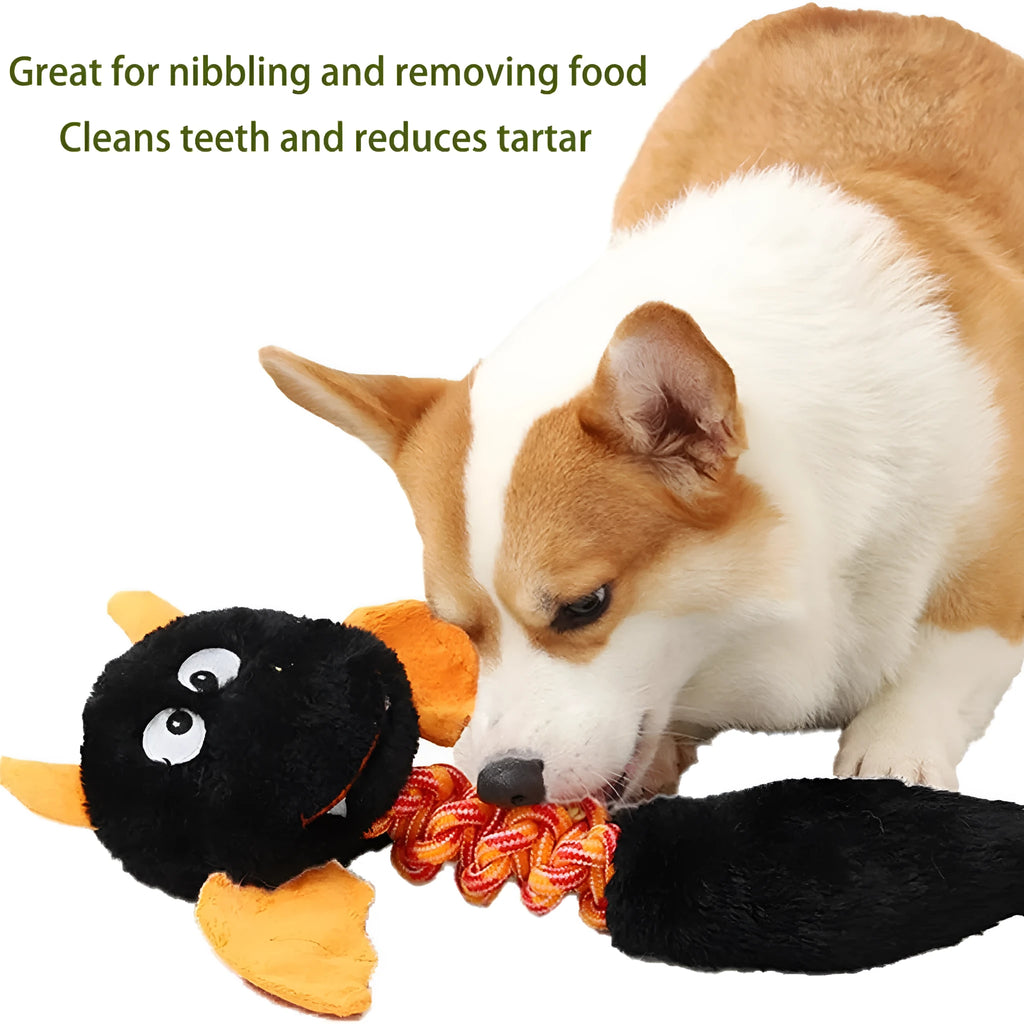 Cartoon-shaped plush dog toy with a rope knot in black, green, or red