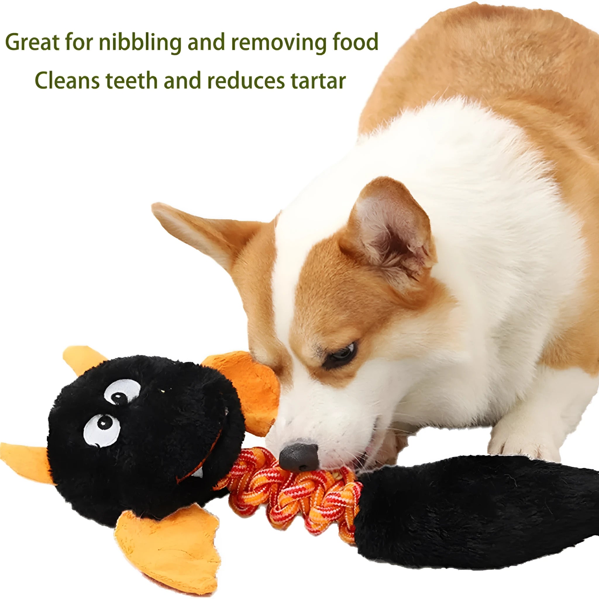 Cartoon-shaped plush dog toy with a rope knot in black, green, or red