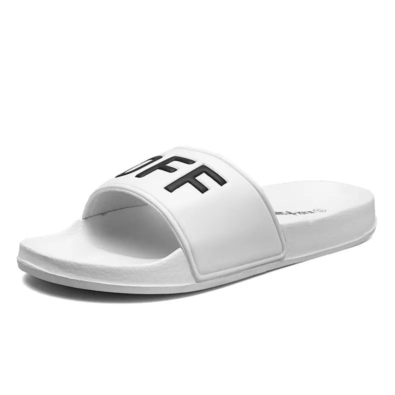 Men's black and white open toe slippers with rubber soles showing size range 36-46