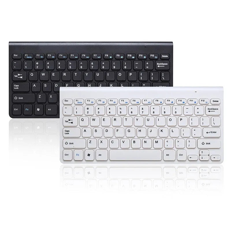 Black and white 2.4 GHz wireless keyboard and mouse set with USB receiver on a desk.