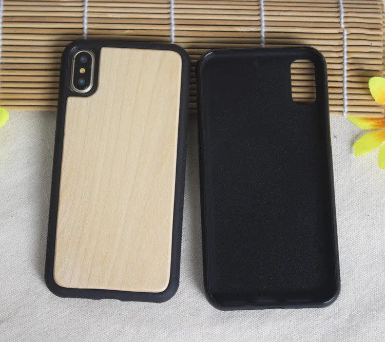 Wooden bamboo and black TPU iPhone case shown fitted on a phone, displaying the natural wood grain back.