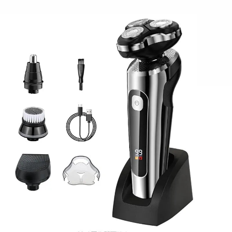 USB rechargeable beard scraper with digital LED display on a five-in-one base bracket.