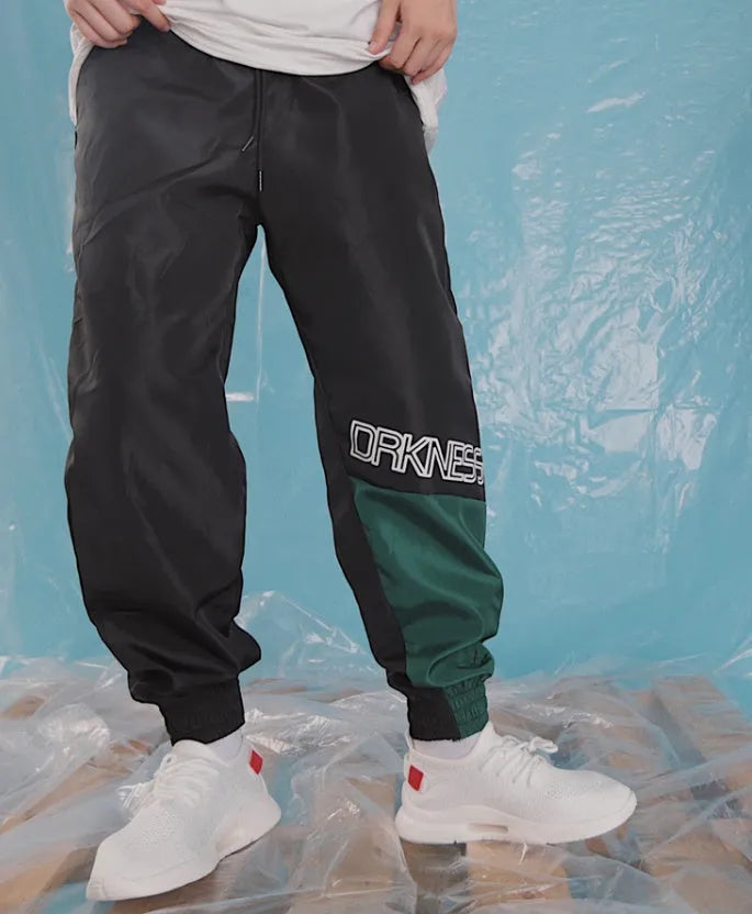 Japanese hip hop trousers with colour stitching, printed letters and bouquet foot in green or white