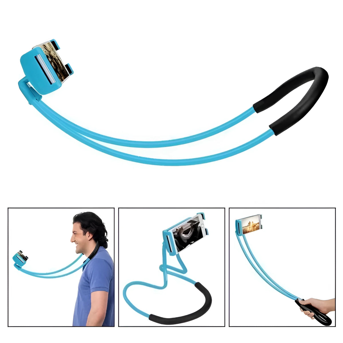 White universal smartphone holder showing 360-degree rotation on a table