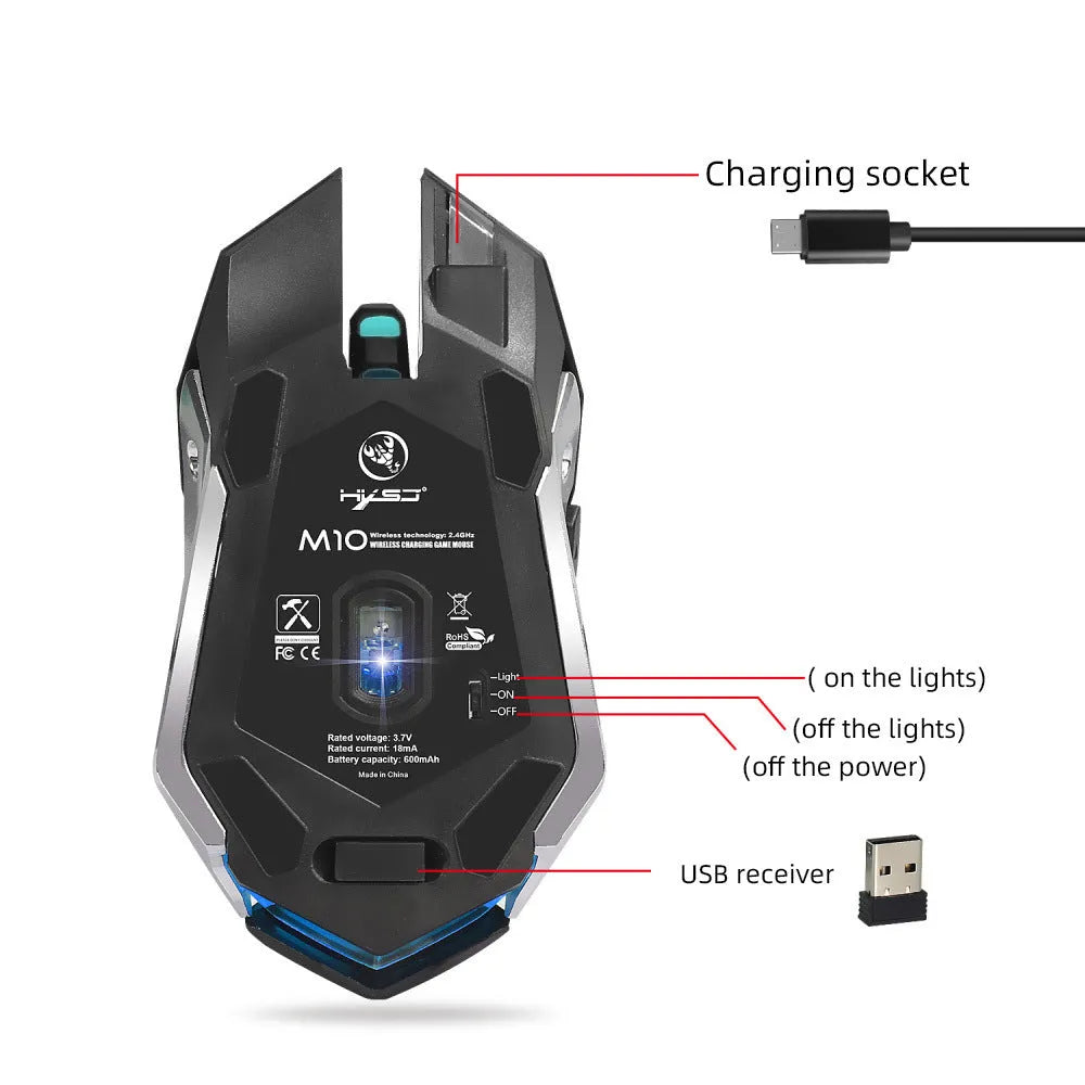 HXSJ black wireless gaming mouse with 2400 DPI, six buttons, four-way roller, 2.4GHz USB connection, and 10m range