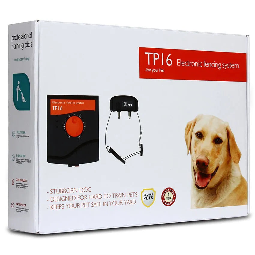 Pet electronic fence with waterproof receiver, adjustable one square kilometre boundary, and 300m coil.