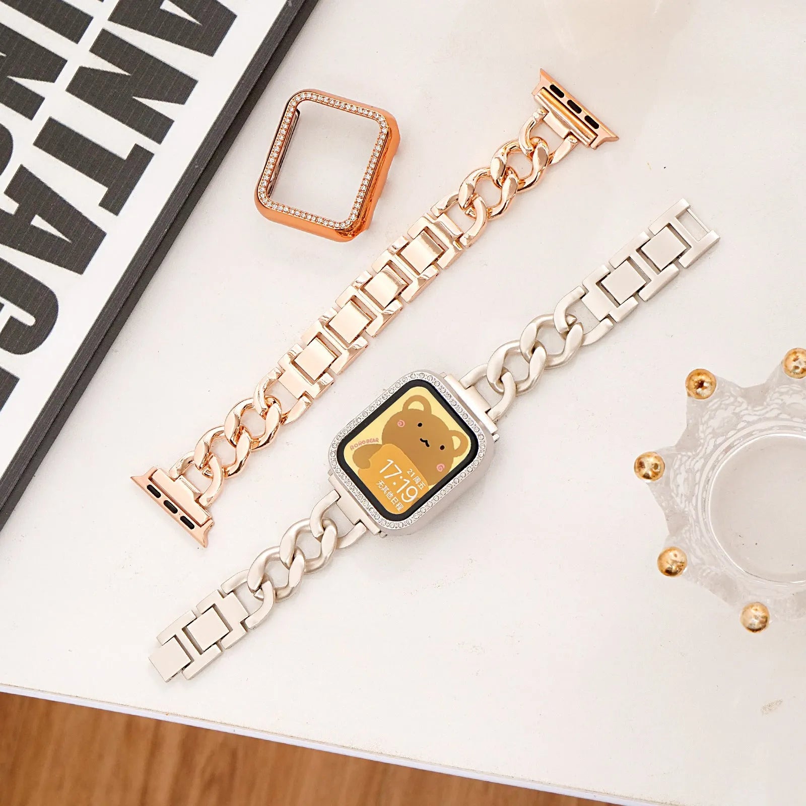 Metal denim chain watch strap for Apple Watch in silver, black, gold, rose gold and starlight colours