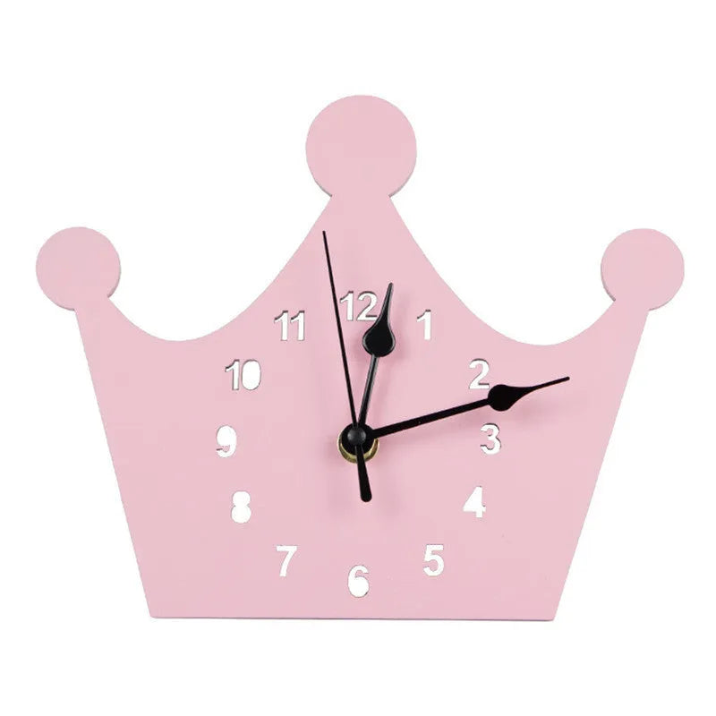 Wooden cartoon wall clock with battery-powered quartz movement in playful animal and shape designs