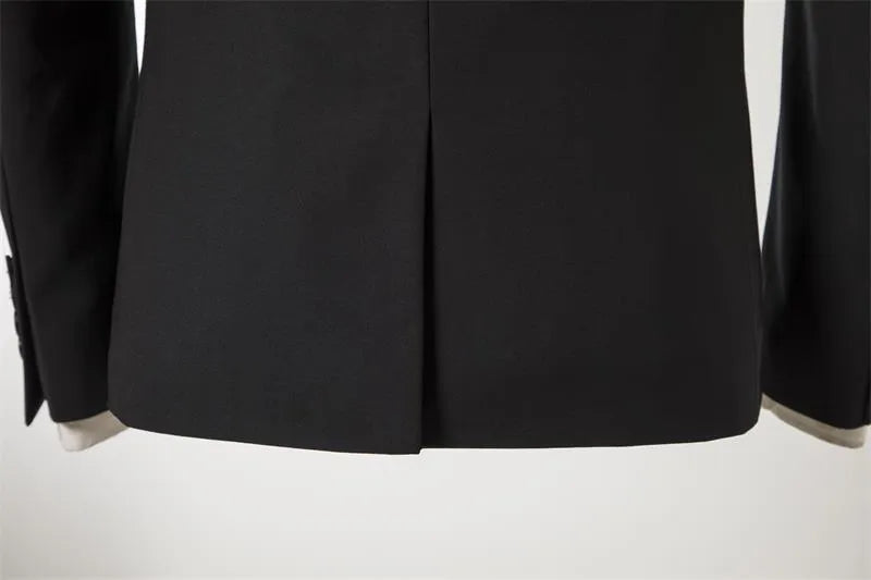 Men's slim fit black single-breasted business suit jacket with flat collar and back slit