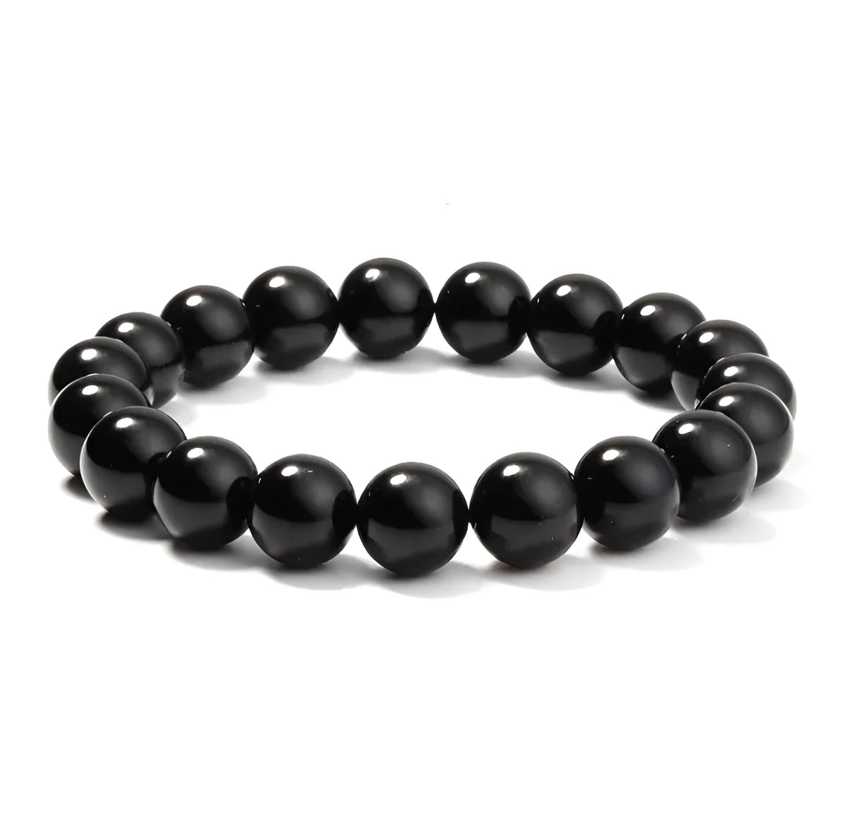 Geometric black agate bracelet with 8mm beads on elastic cord for women.
