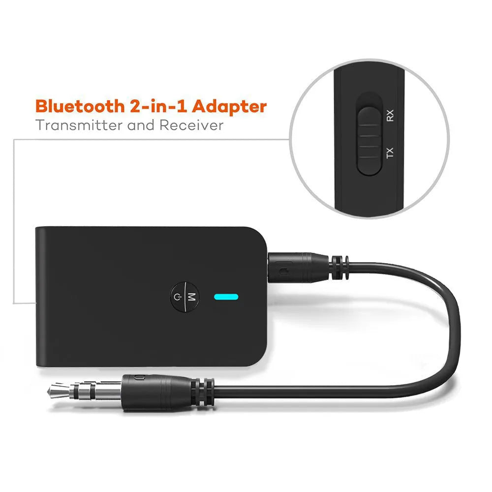 Black Bluetooth 5.0 audio adapter with a 3.5mm plug and external power supply