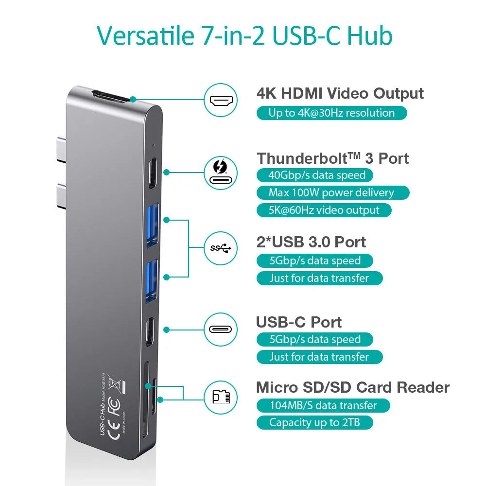 Aluminium alloy USB C hub with seven ports including SD card reader and 4K HDMI for laptops