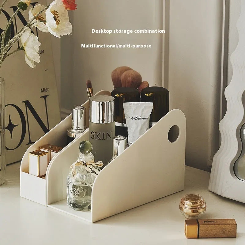 Plastic desktop storage box with two-layer grid organisation in ivory white colour