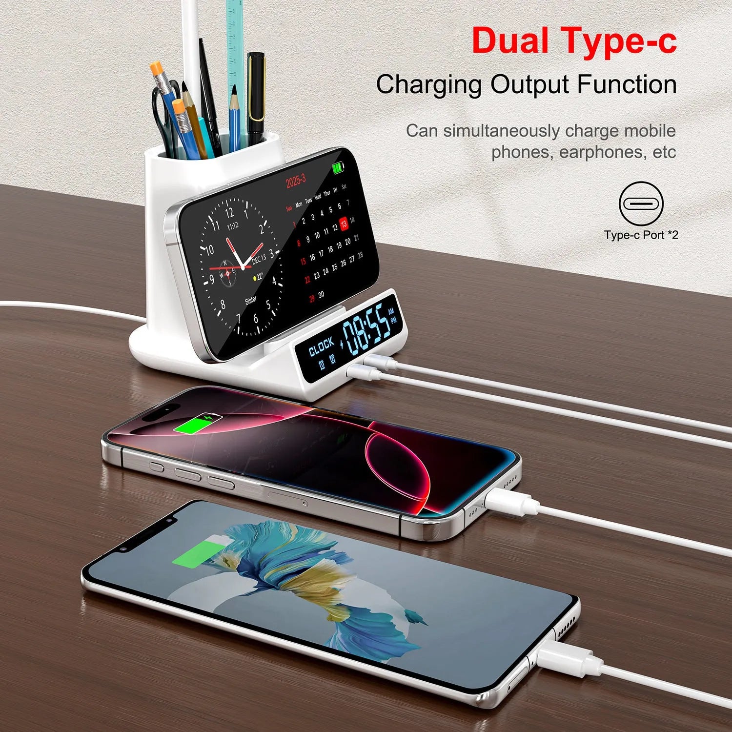 Modern wireless charging desk lamp with built-in storage box and pen holder compartments