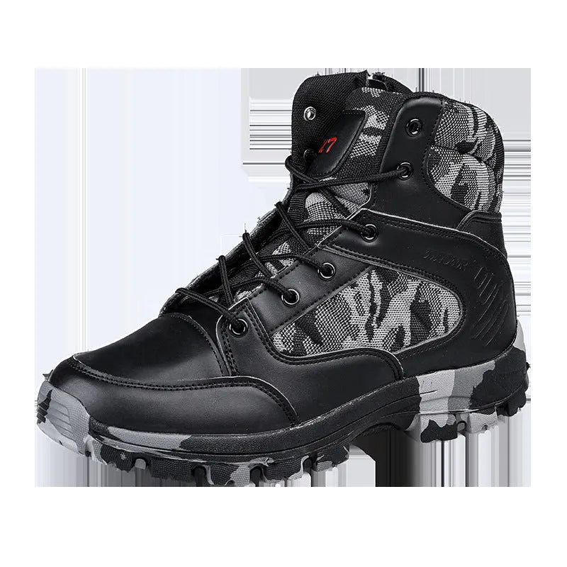 Men's high-top hiking shoes in artificial PU with metal accents, shown in black camouflage colour